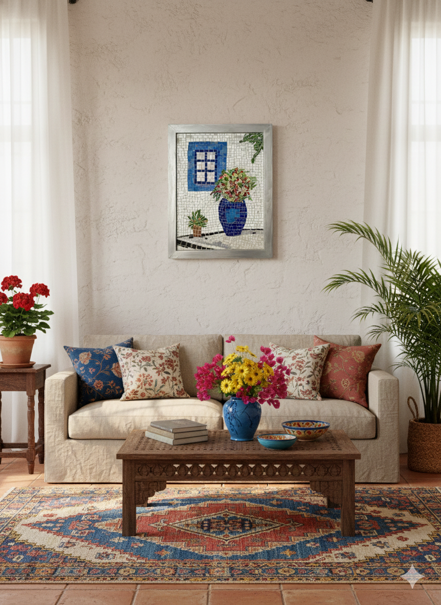 Greek Window Mosaic Wall Art-Blue Vase with Flowers -Handmade Ceramic&Glass Mosaic