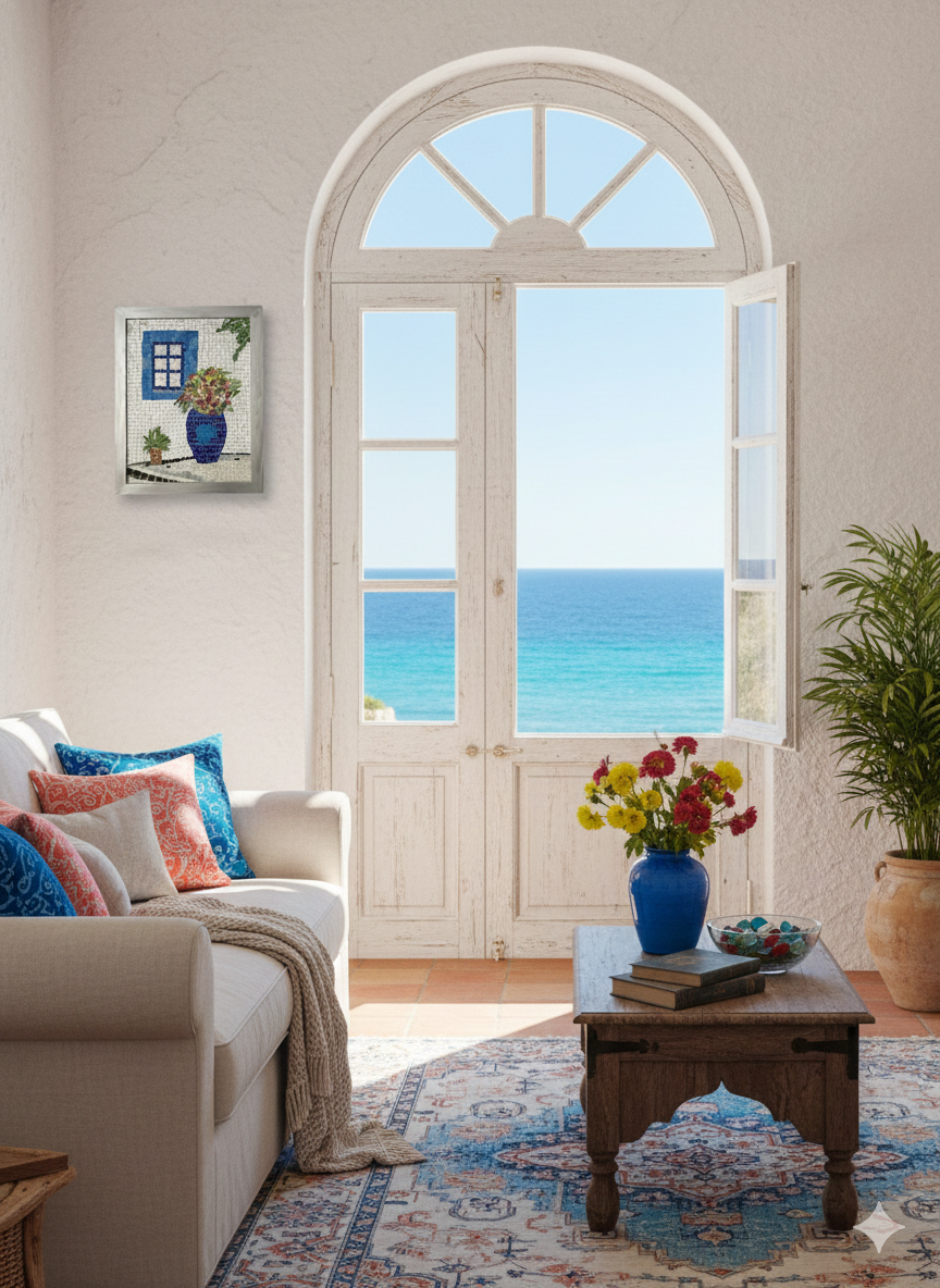 Greek Window Mosaic Wall Art-Blue Vase with Flowers -Handmade Ceramic&Glass Mosaic