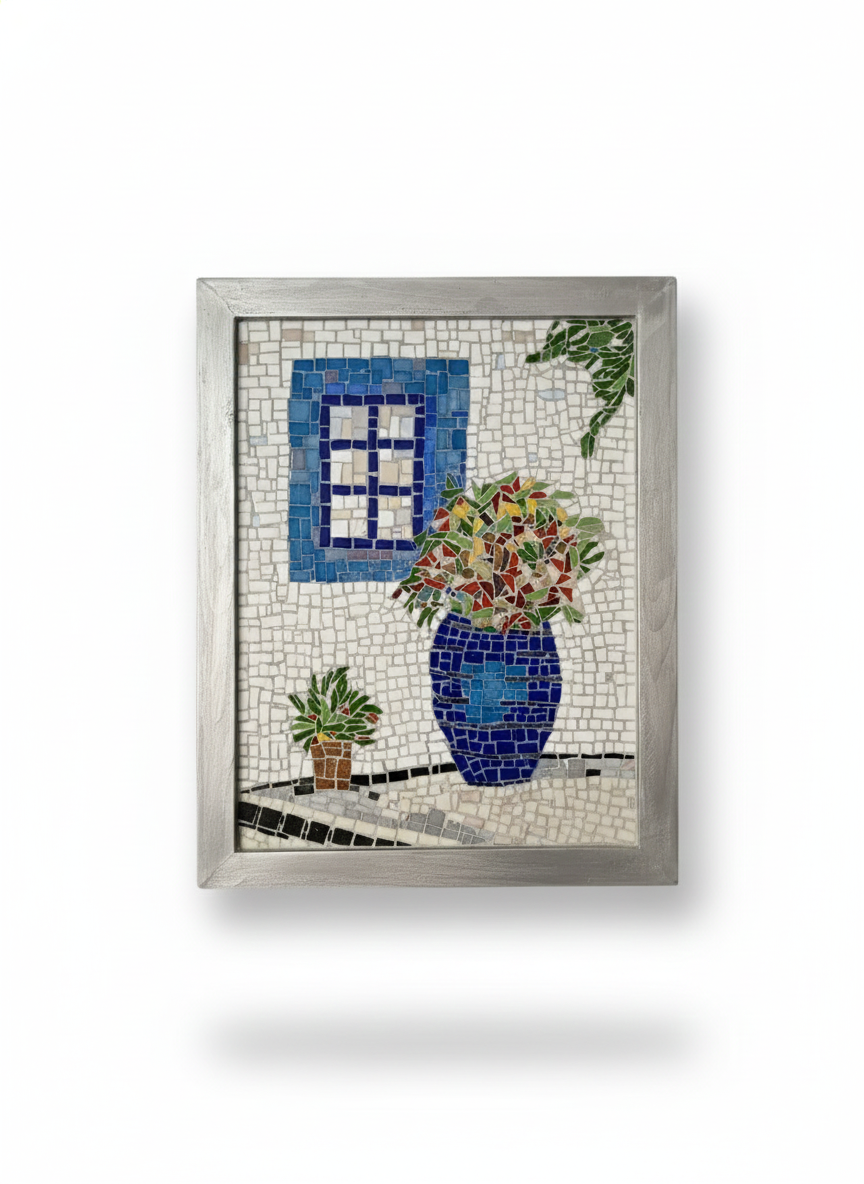 Greek Window Mosaic Wall Art-Blue Vase with Flowers -Handmade Ceramic&Glass Mosaic