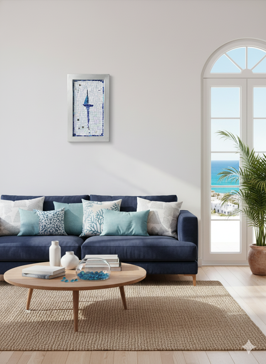 Iridescent Mosaic Sailboat – Handmade Nautical Wall Art – Glass & Smalti Mosaic on Wood Frame