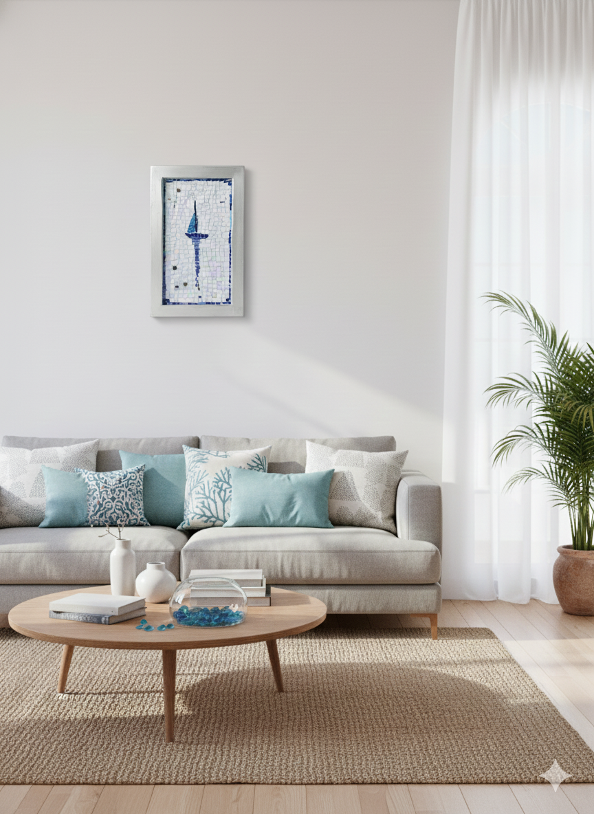 Iridescent Mosaic Sailboat – Handmade Nautical Wall Art – Glass & Smalti Mosaic on Wood Frame