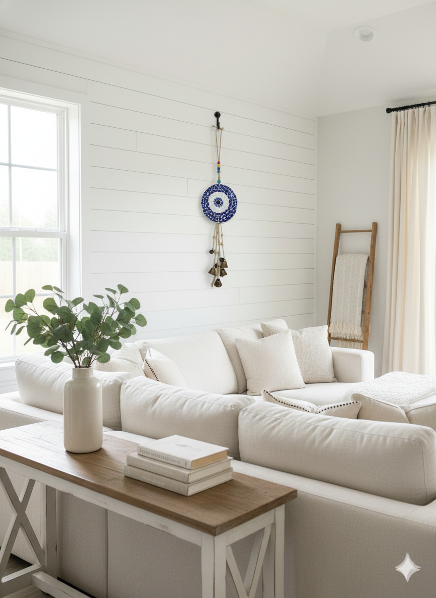 Evil Eye Wall Hanging – Handmade Mosaic – Blue & White – 15cm – 56cm