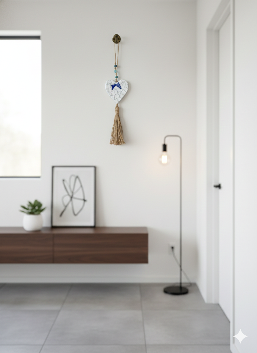 Heart Wall Hanging – Handmade Mosaic – White & Blue – 10cm – 30cm