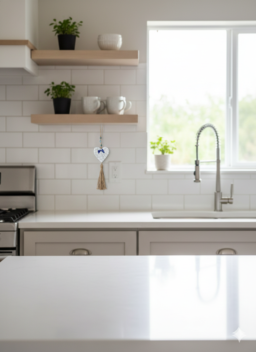 Heart Wall Hanging – Handmade Mosaic – White & Blue – 10cm – 30cm