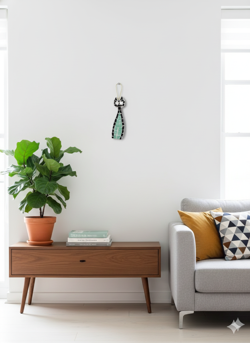 Glass Mosaic Cat Ornament - Turquoise & Black