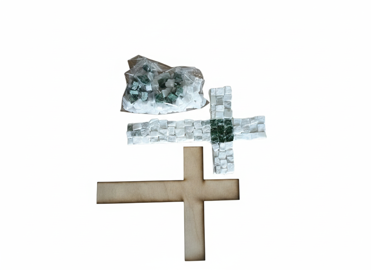 Handmade mosaic cross white grey with green center tiles - DIY Kit