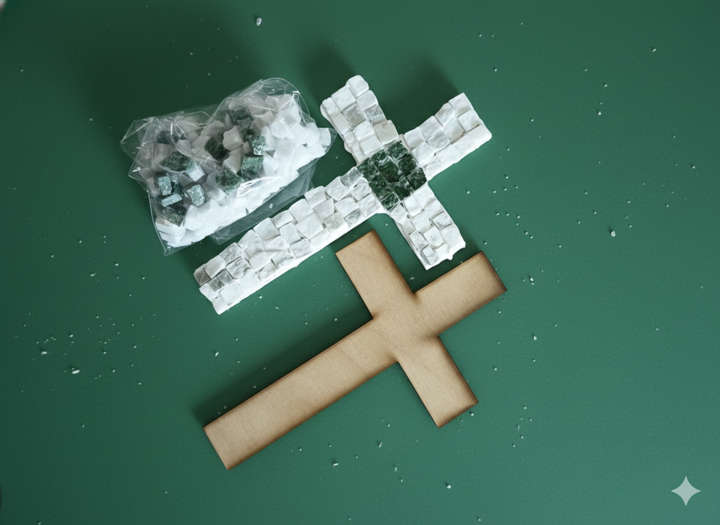 Handmade mosaic cross white grey with green center tiles - DIY Kit