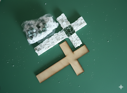 Handmade mosaic cross white grey with green center tiles - DIY Kit
