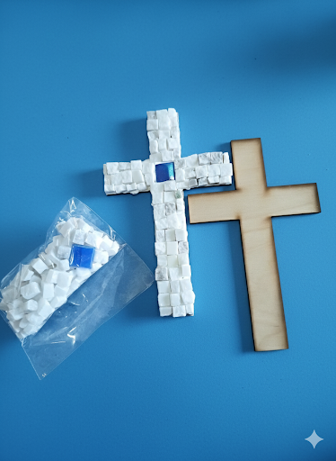 Handmade mosaic cross white grey with blue center tiles - DIY Kit