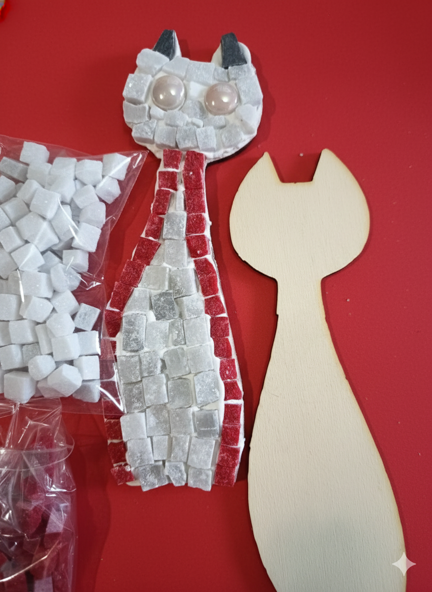 Handmade mosaic cat white grey with red border - Large DIY Kit
15cm Large DIY Kit