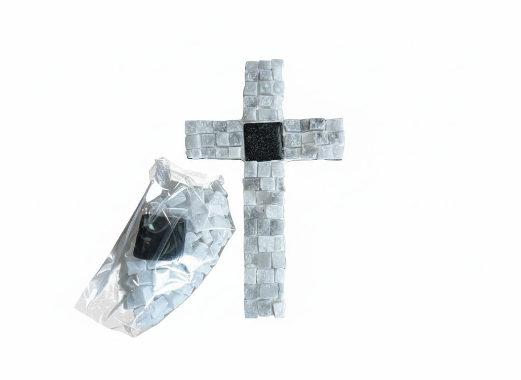 Handmade mosaic cross white and grey with black center tile - 15cm DIY Kit