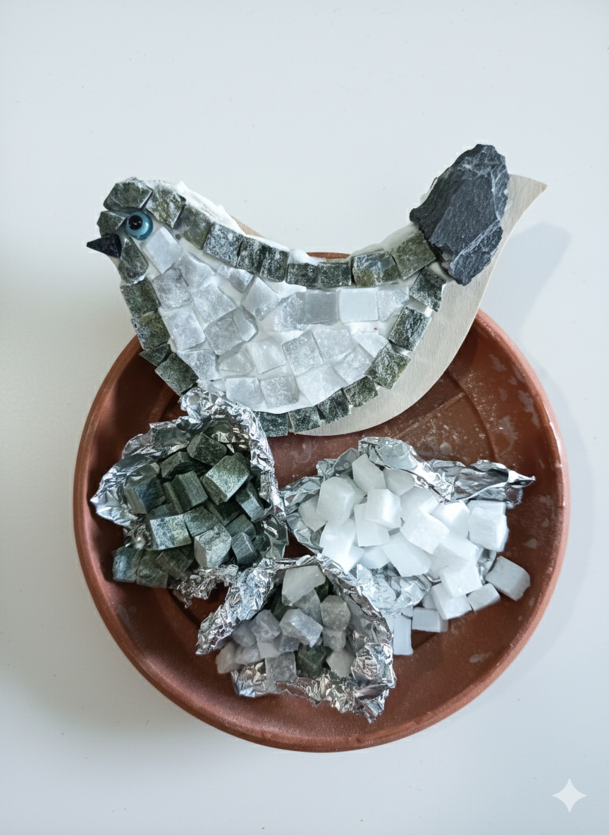 Handmade mosaic bird - DIY Kit
Hand-cut marble tiles for mosaic bird - square and triangle pieces