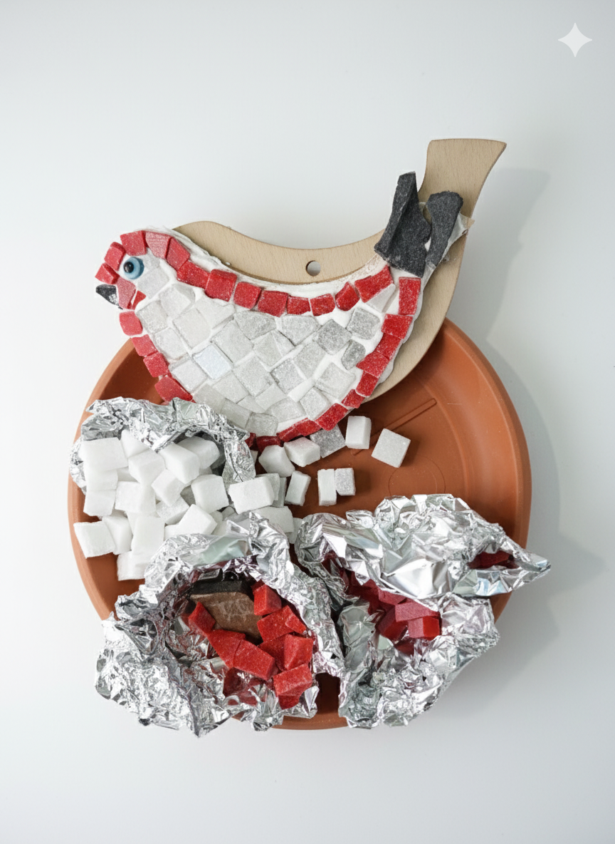 Handmade mosaic bird beige with red border - DIY Kit