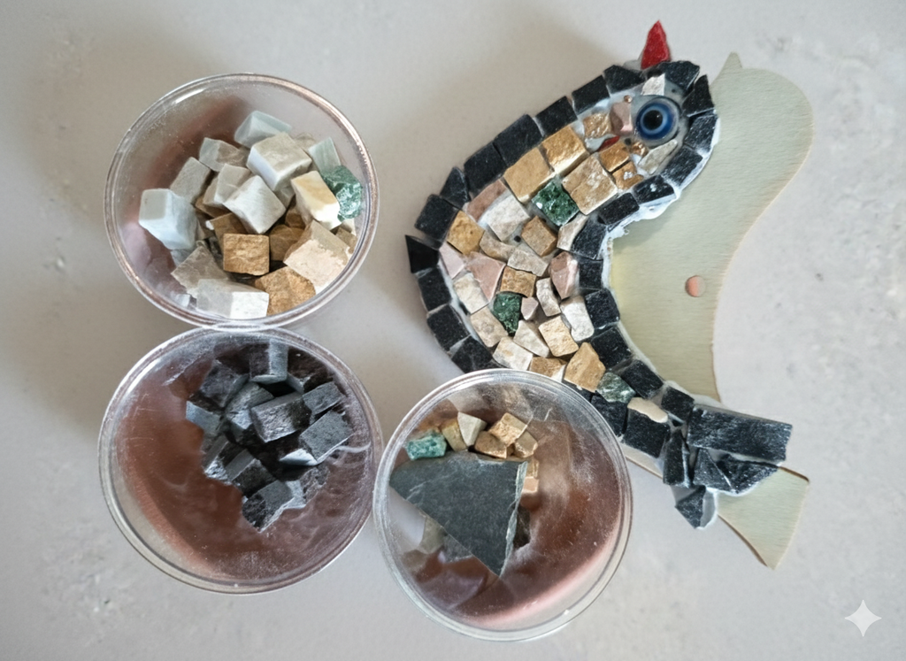 Handmade mosaic bird beige with black border - DIY Kit