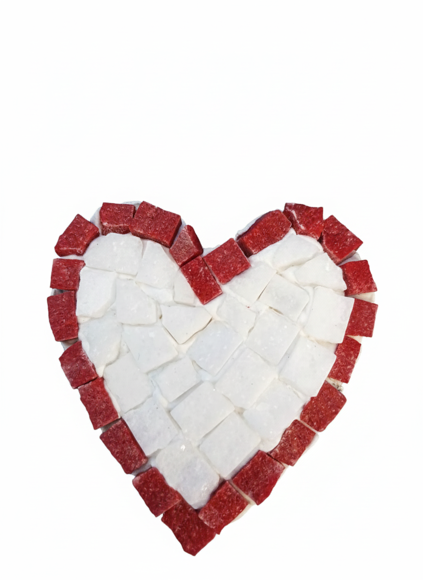 Handmade white mosaic heart with red border