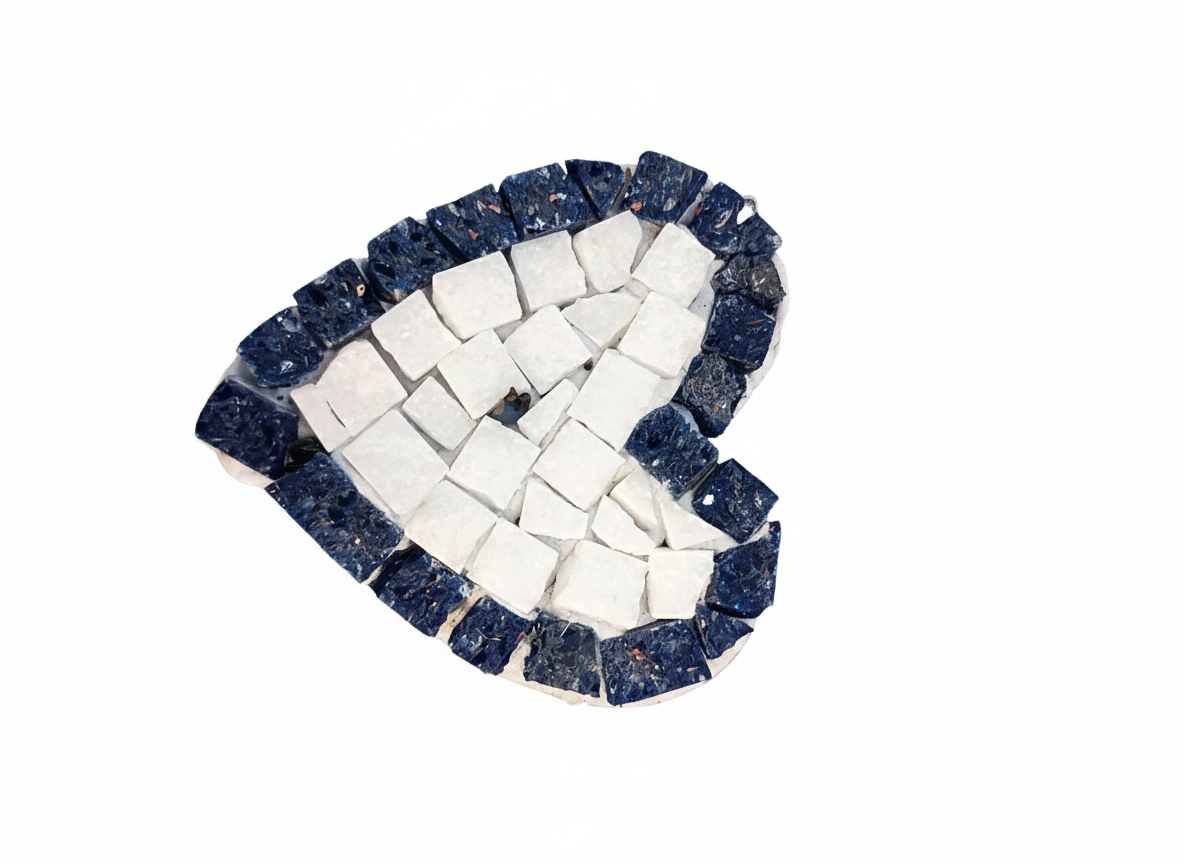 Handmade white mosaic heart with blue border