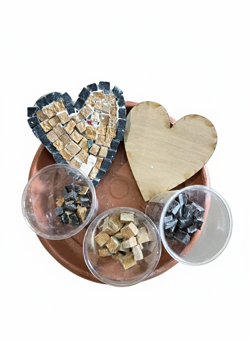 Beige mosaic heart example with wooden base and hand-cut marble tiles