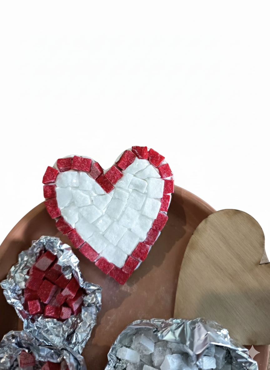 Mosaic heart example showing wooden base and hand-cut marble tiles - DIY Kit