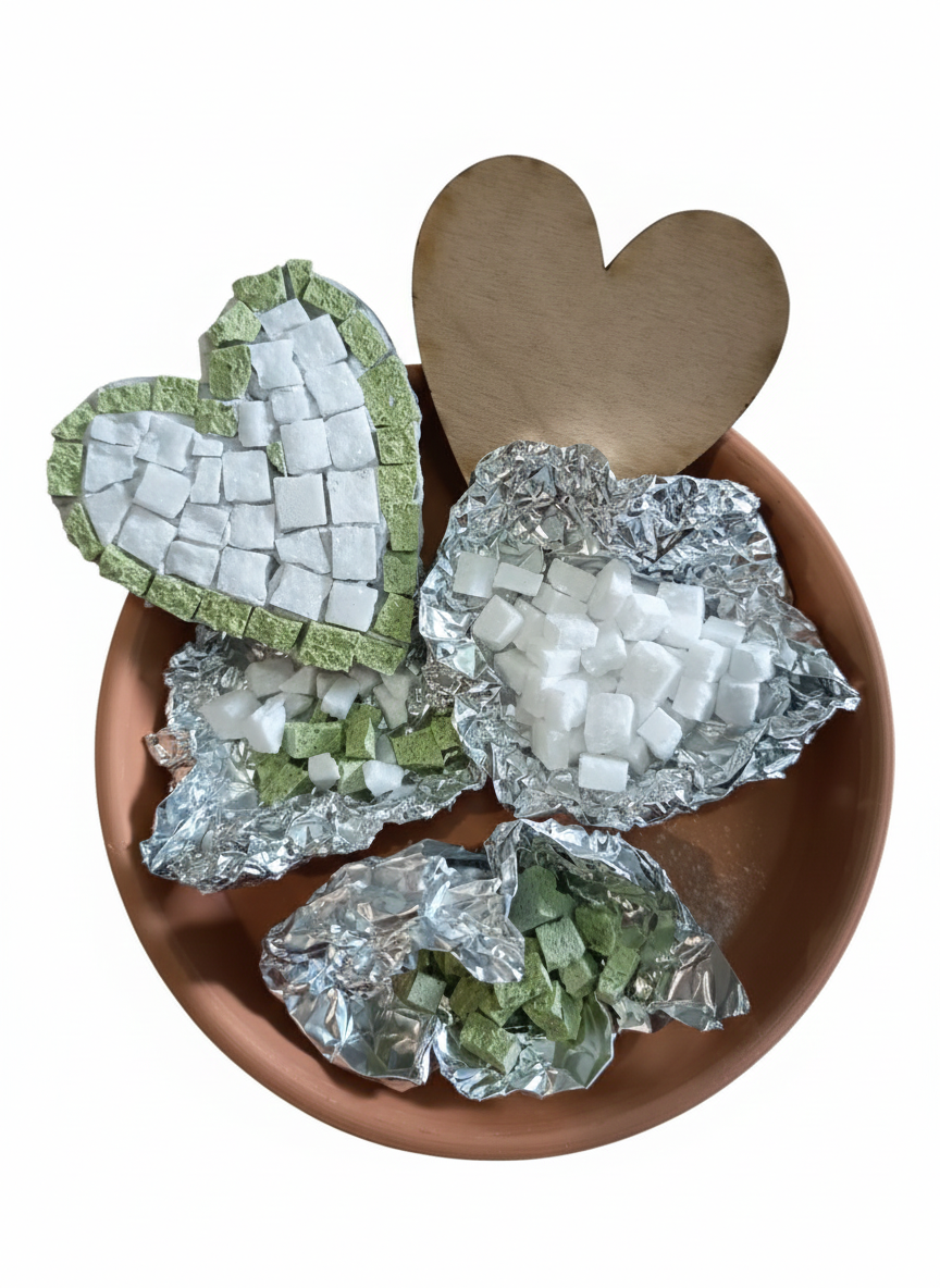 Mosaic heart example showing wooden base and hand-cut marble tiles - DIY Kit