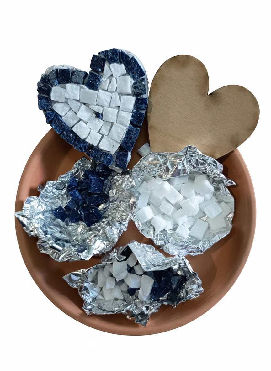 Mosaic heart example showing wooden base and hand-cut marble tiles - DIY Kit