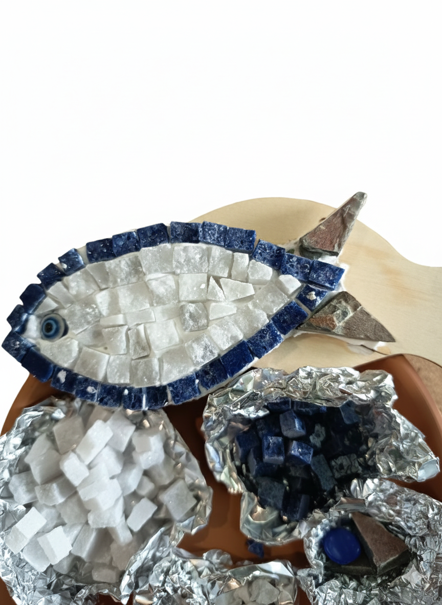 Complete DIY mosaic fish kit showing finished product, wooden fish