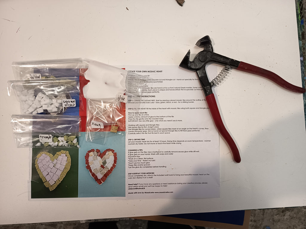 Complete DIY mosaic heart kit showing finished product, wooden heart base, hand-cut tiles and materials