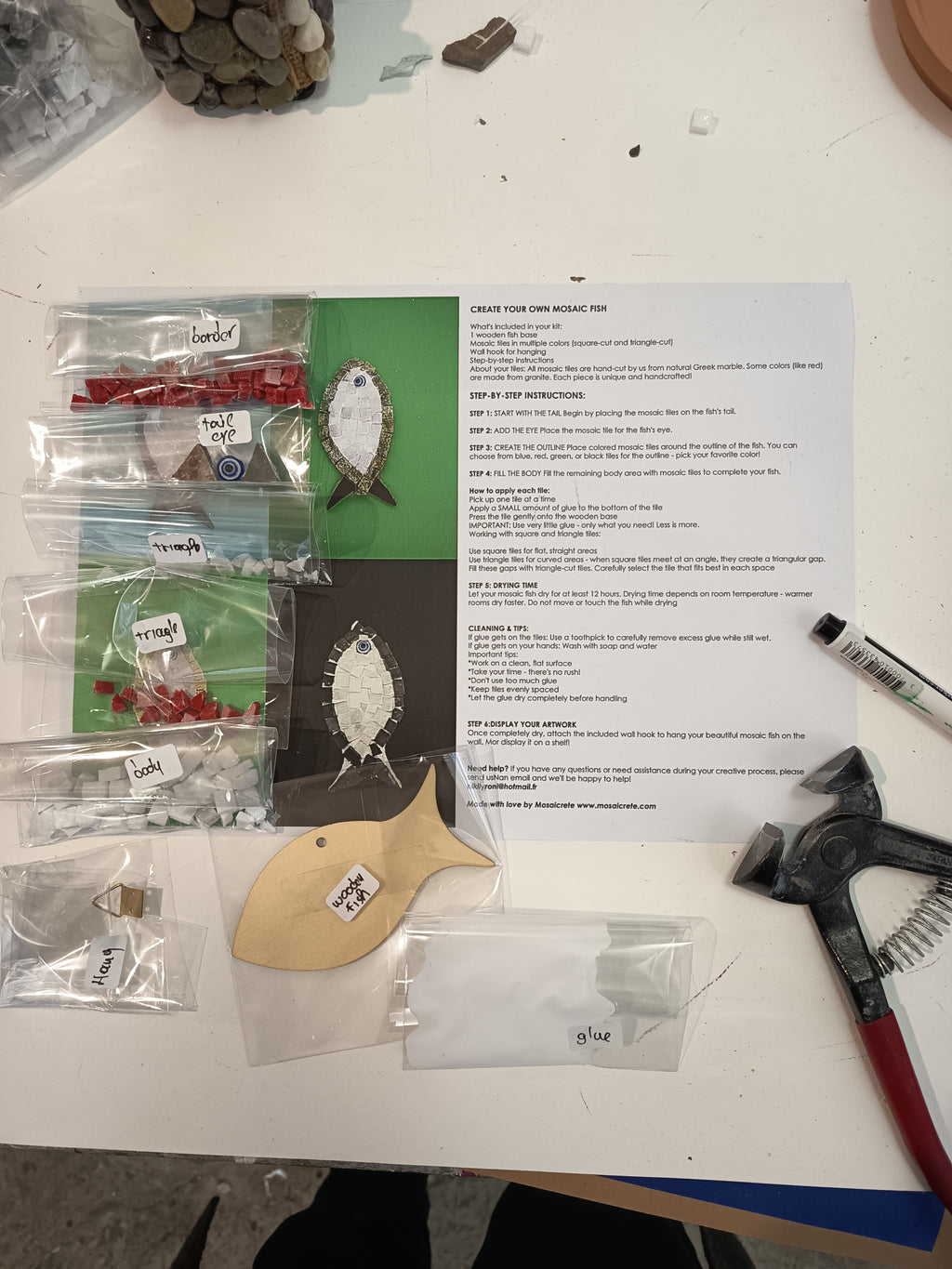  Complete DIY mosaic fish kit showing finished product, wooden fish